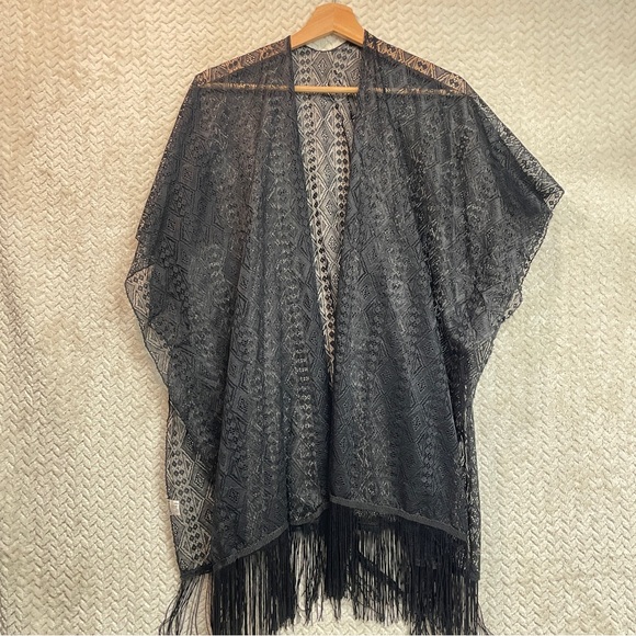 Womens Whimsygoth Black Kimono Style Lace with Fringe One Size Witchy Goth - Picture 3 of 6
